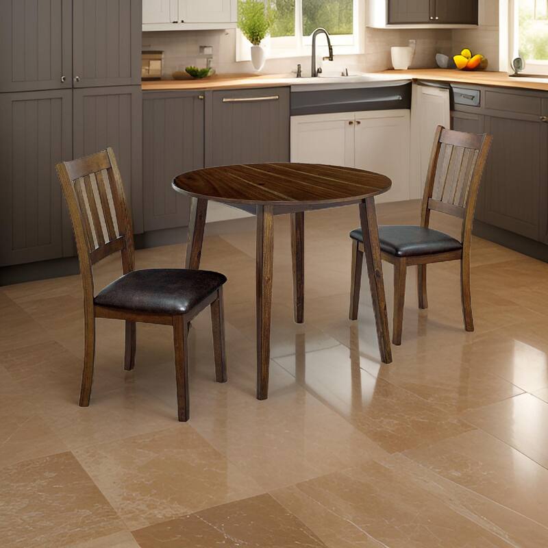 3 Piece Round Dining Table and Leatherette Chair Set, Brown