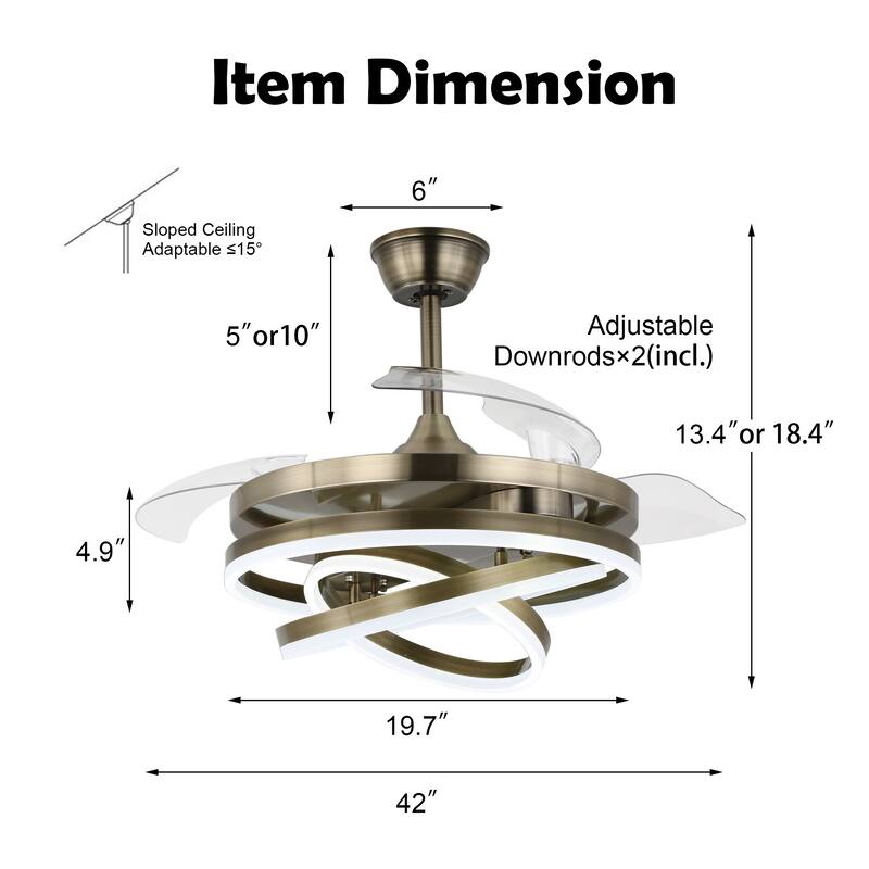 Cusp Barn Modern 42" Retractable Ceiling Fan with Lights and Remote, 6 Speed LED Ceiling Lighting for Bedroom Living Room