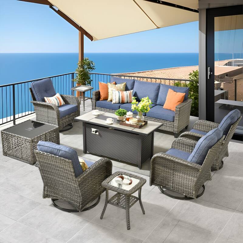 HOOOWOOO 9-piece Grey Wicker Outdoor Fire pit Set with Swivel Chairs - Denim Blue