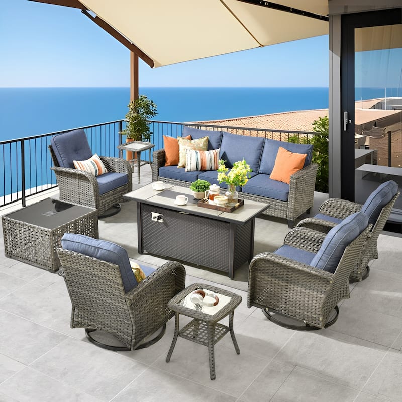 HOOOWOOO 9-piece Outdoor Furniture Conversation Sofa Set Patio Wicker Swivel Chair Set