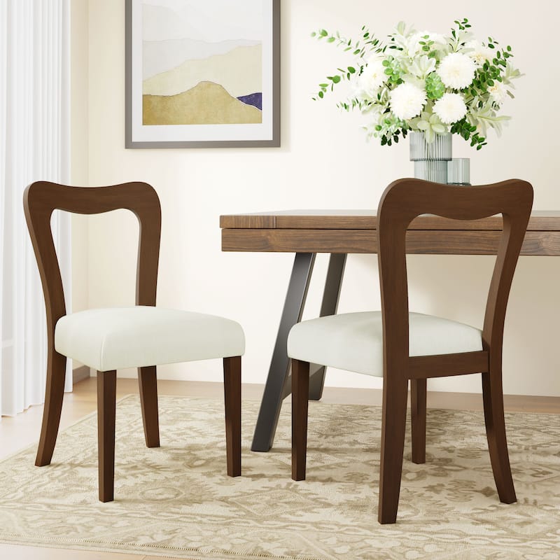 Set of 2 Modern Dining Chairs with Rubberwood Frame and Upholstered Seats - Open Back Armless Design - Beige,Walnut