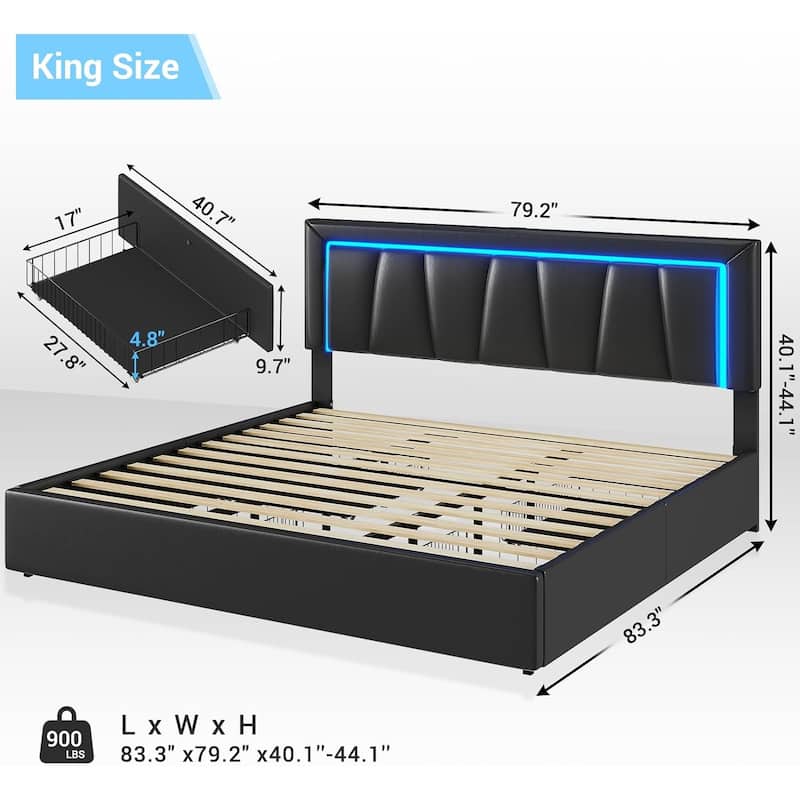 Bed Frame with 4 Storage Drawers1 USB /Type-C Charging Station