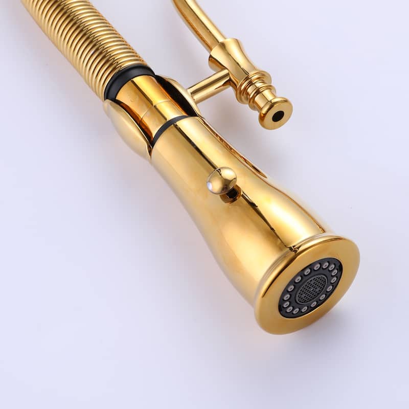 3-Way Brushed Gold 360 Rotary Kitchen Spring-neck Faucet with Pull Down Sprayer