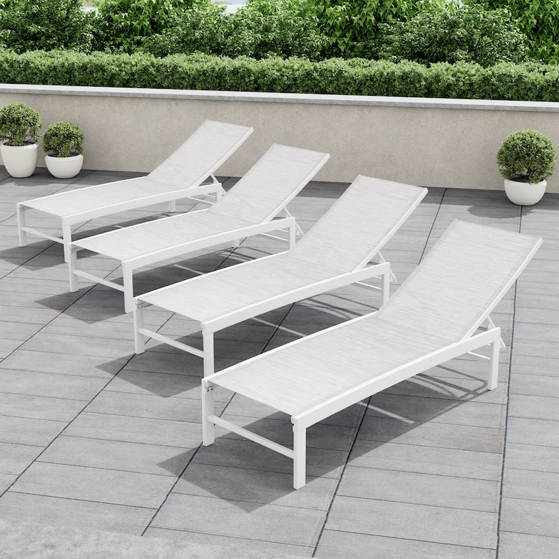Crestlive Outdoor Pool Side Adjustable Aluminum Chaise Lounge Chairs Set of 4 - See Picture - White/Grey/Blue Fabric, White Frame