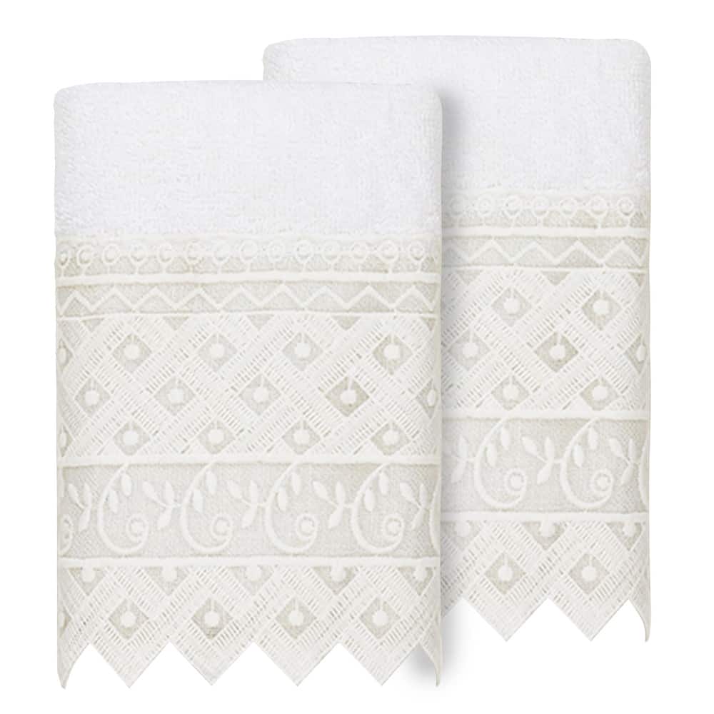 Authentic Hotel and Spa 100% Turkish Cotton Aiden 2PC White Lace Embellished Washcloth Set
