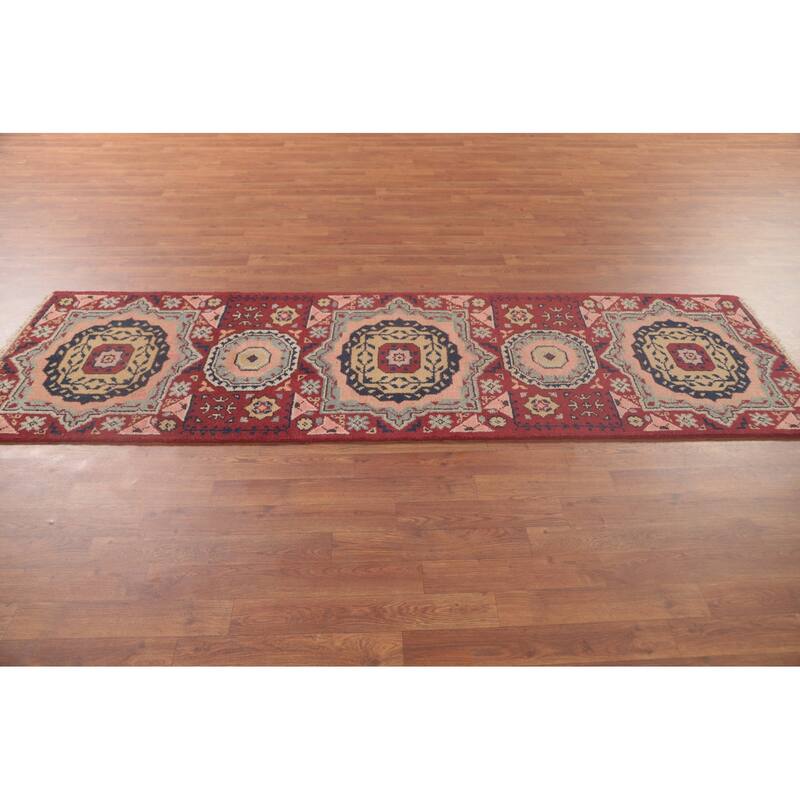 Geometric Red Kazak Oriental Runner Rug Handmade Wool Carpet - 2'5"x 8'1"