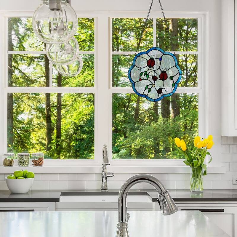 River of Goods Ladybugs on Flower River of Goods Multicolored Stained Glass Suncatcher Window Panel - 12" x 0.25" x 12"