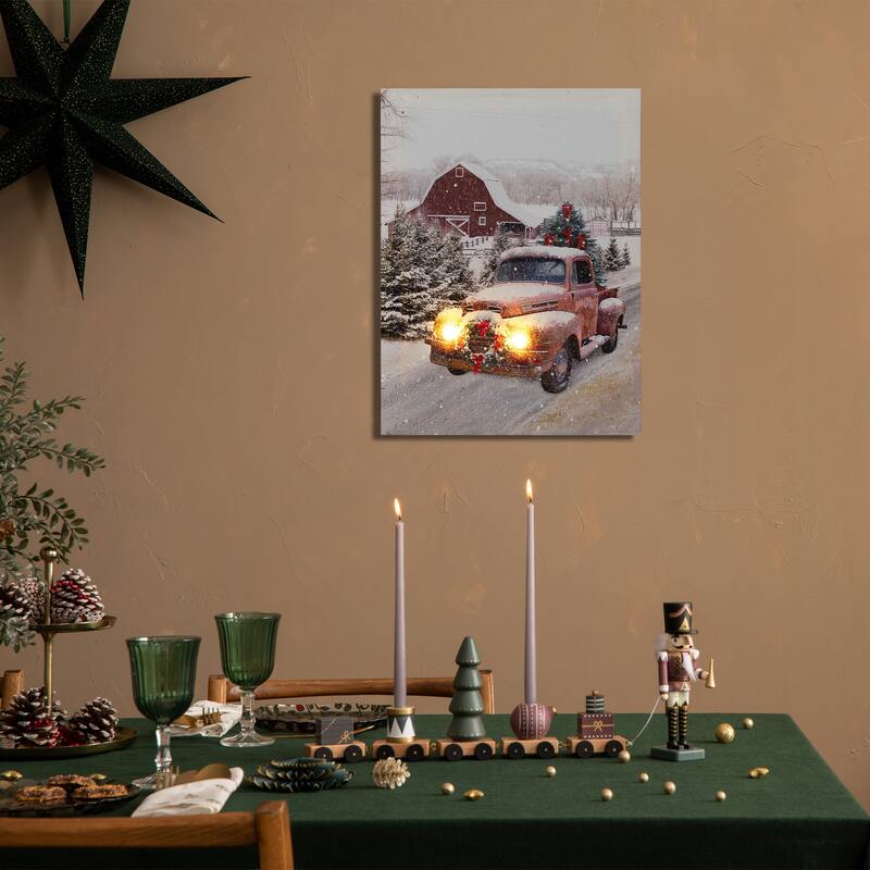 LED Fiber Optic Truck Tree Christmas Canvas Wall Art 15.75"x11.75"