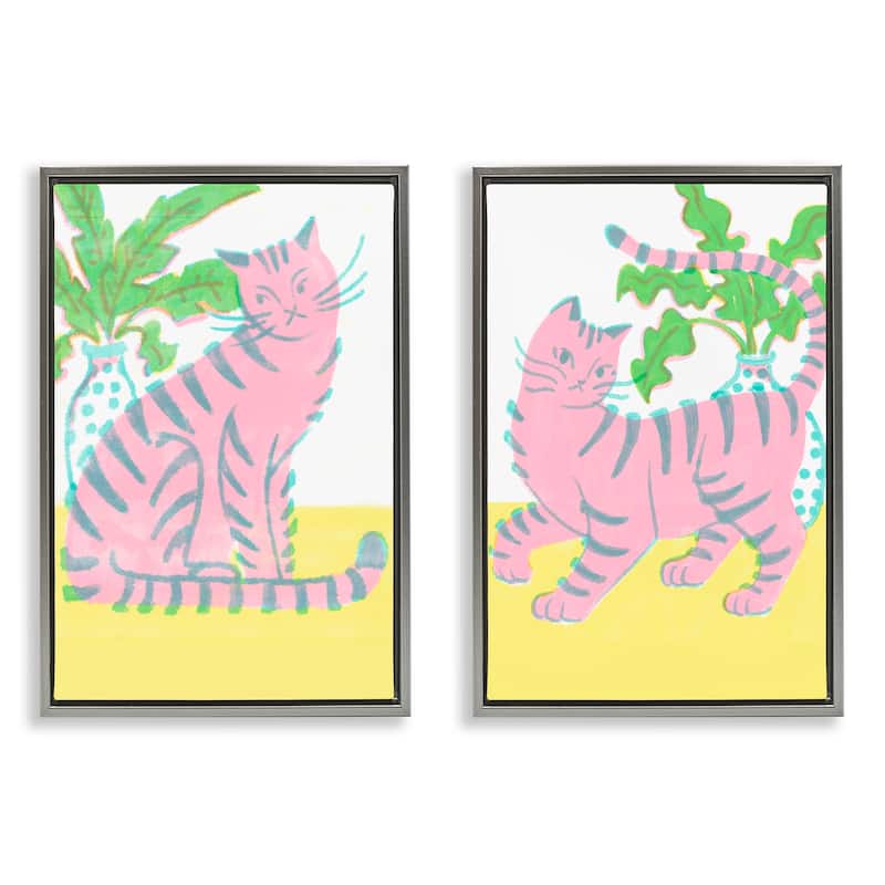 Stupell Pastel Pink Cats & Plants Framed Floater Canvas Wall Art Design By Hannah Moren (Set of 2) - 17 x 25 - Grey