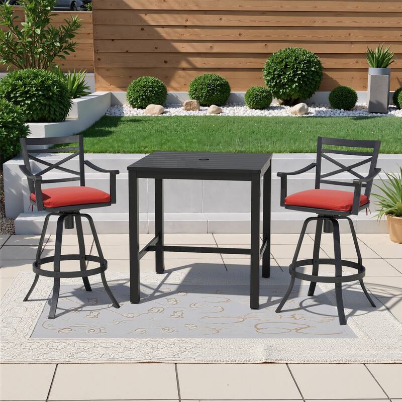 3/5-Piece Outdoor Swivel Aluminum Bar Stools with Sunbrella Cushion and Table Set - Red - Set of 3