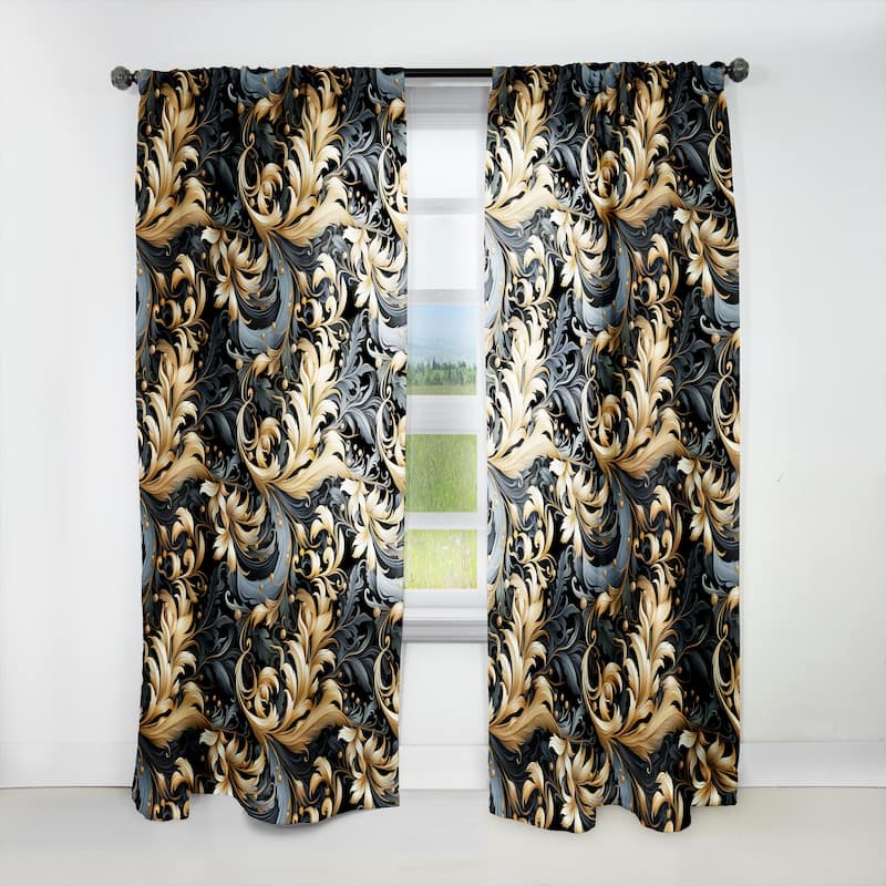 Designart "Black And Gold Damask Flower Blossoms I" Damask Curtain Panel 95 Inches