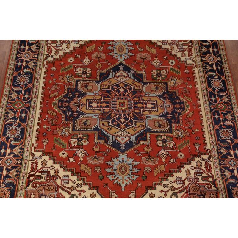 Orange Medallion Heriz Serapi Indian Area Rug Hand-Knotted Wool Carpet - 8'11"x 11'9"