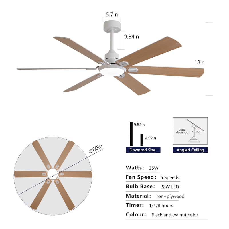 Smart 60" Indoor/Outdoor Ceiling Fan with Light, Dual Finish Black/Walnut 6-Blade, Remote Control, Dimmable LED