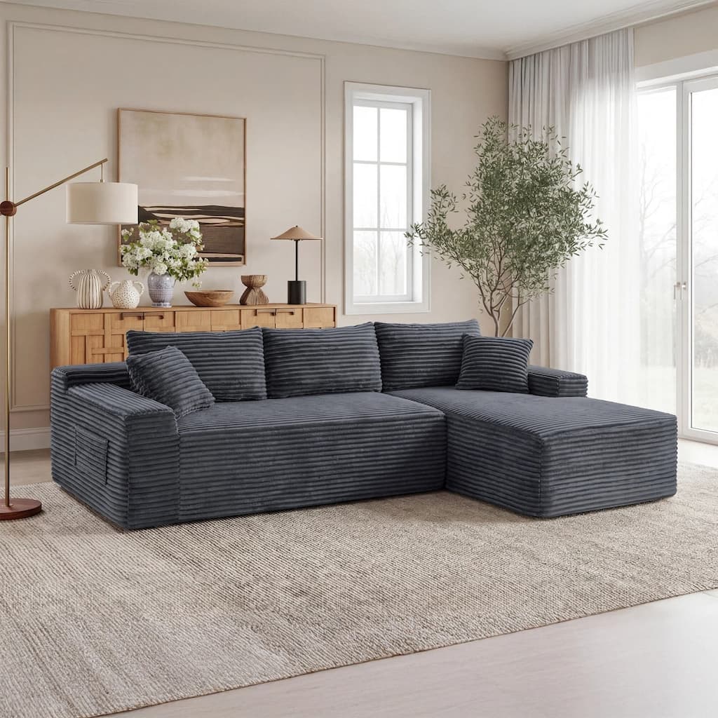 106.3" L-Shaped Corduroy Sectional Sofa with Pillows, No Assembly Required