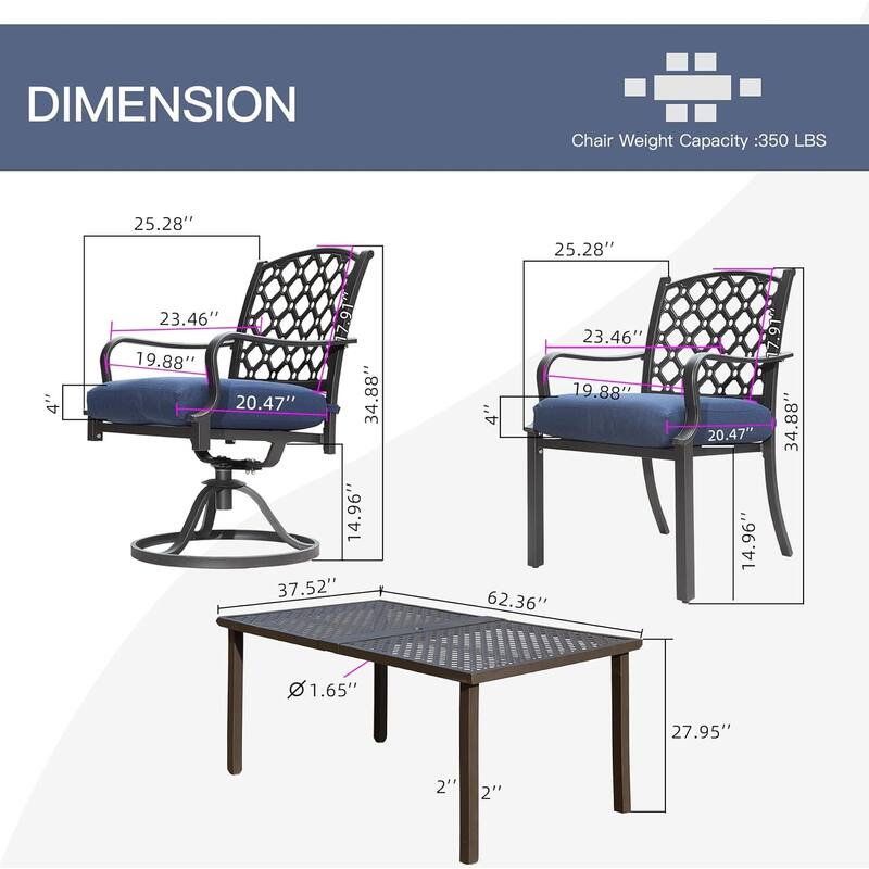 7-Piece Outdoor Metal Patio Dining Set with Swivel and Stationary Chairs, and Weather-Resistant Rectangle Table