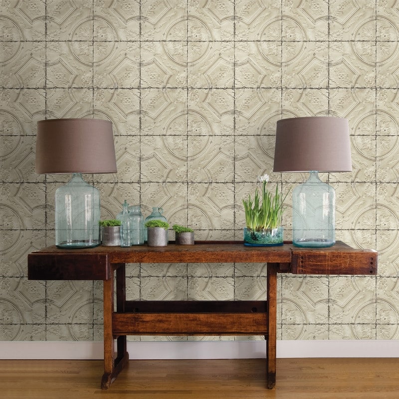 Chesapeake Susanna Beige Vintage Tin Tile Wallpaper - 20.5in x 396in x 0.025in