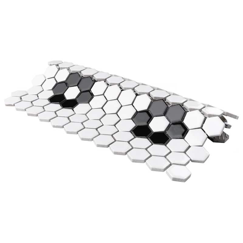 Merola Tile Metro 1" Hex Glossy Wht w/Flower 10-1/4"x11-7/8" Porcelain Mosaic Tile