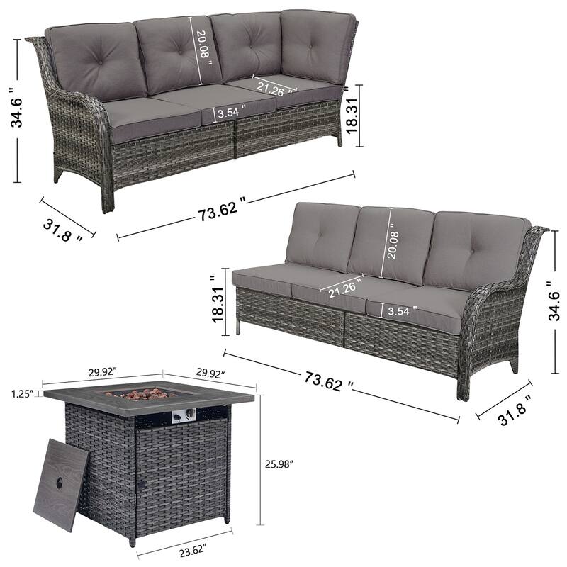 Gymojoy 2-Piece Outdoor Wicker Patio Furniture with Fire Pit and L-shaped Sectional Sofa, Coversation Set with Thick Cushions