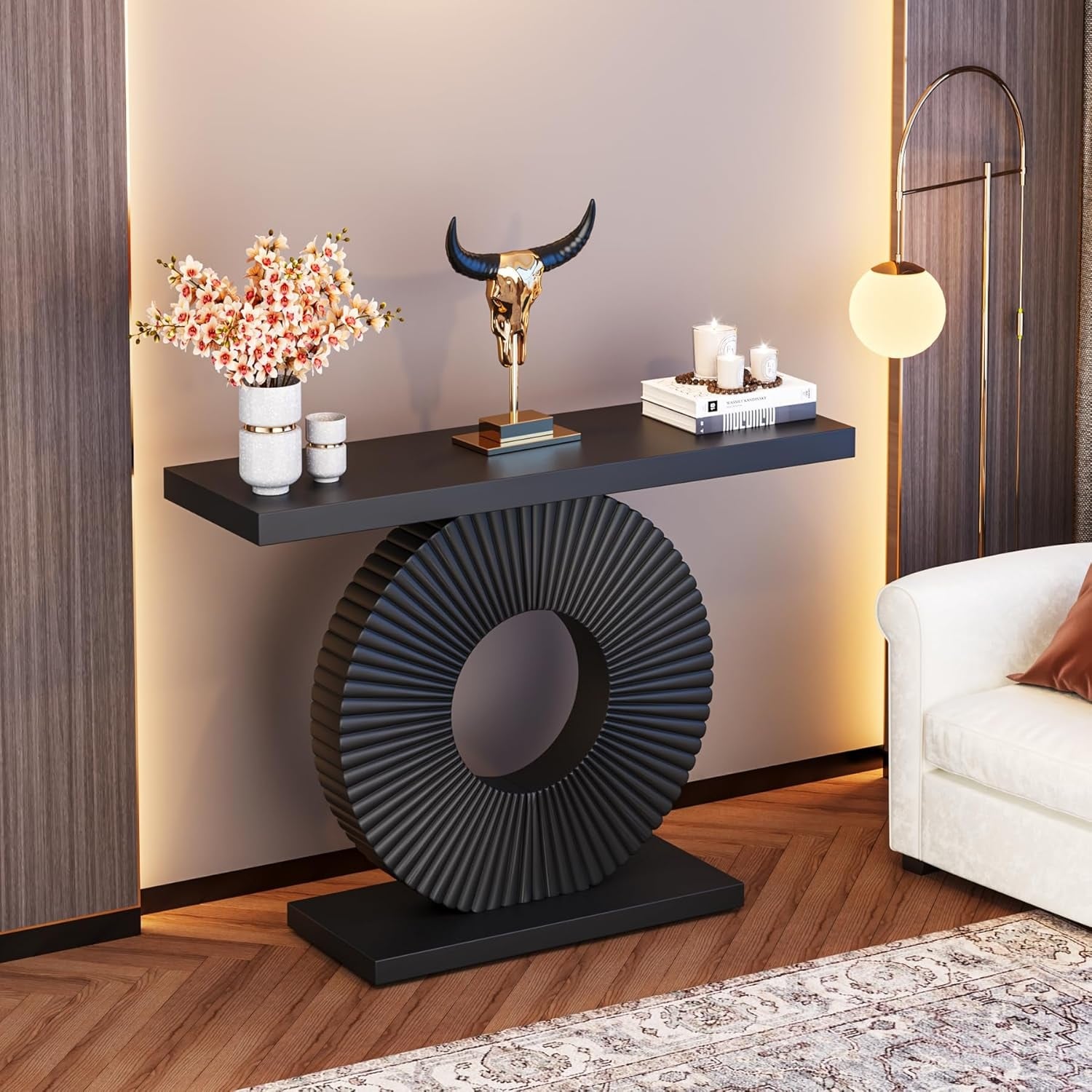 40" Modern Black Console Table with Sculptural Geometric Base