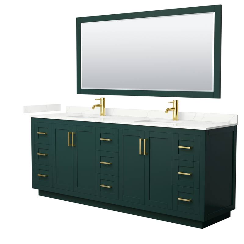 Miranda 84-inch Double Vanity, Quartz Top, 70-inch Mirror - Green, Gold Trim, Giotto Quartz Top