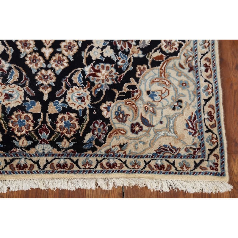 Dark Navy Blue Floral Nain Persian Accent Rug Handmade Wool Carpet - 2'11"x 4'4"