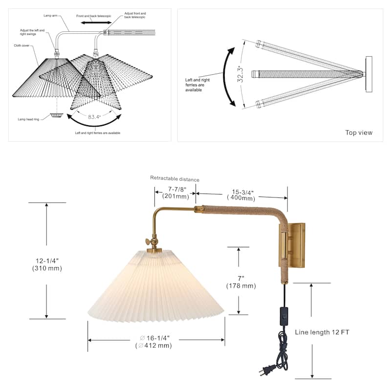 16 Inch 1 light bedroom wall sconce, rotatable arm, gold finish