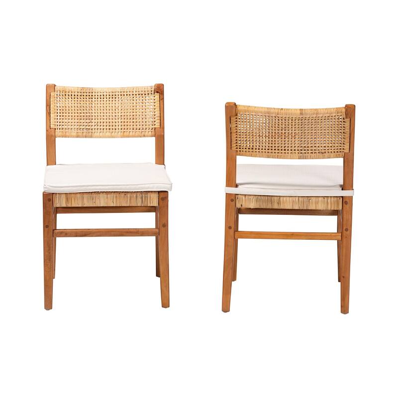 Chatura Natural Rattan and Mahogany Wood Dining Side Chair - Handwoven Wicker Dining Chair with Angled Back