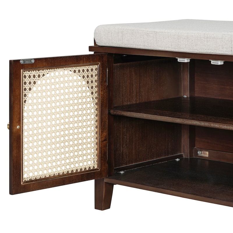 Wood Frame Bench with Shoe Storage, Shoe Bench with Rattan Arched Door and 2 Drawers Entryway Fabric Upholstered Bench