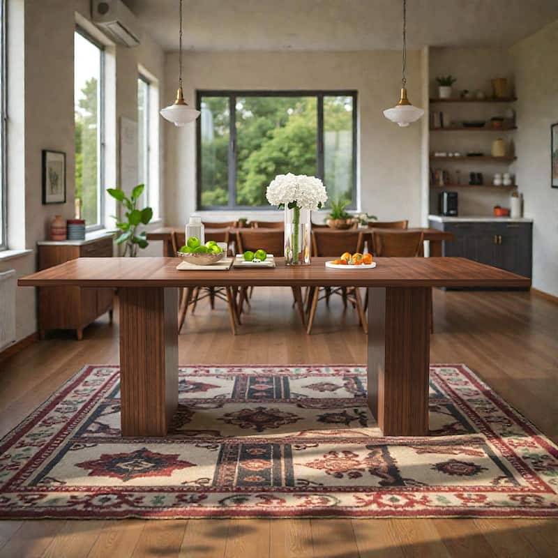 78 Inch Farmhouse Dining Table with Storage Base, Rectangular MDF Table in Natural Wood Veneer, Seats 6
