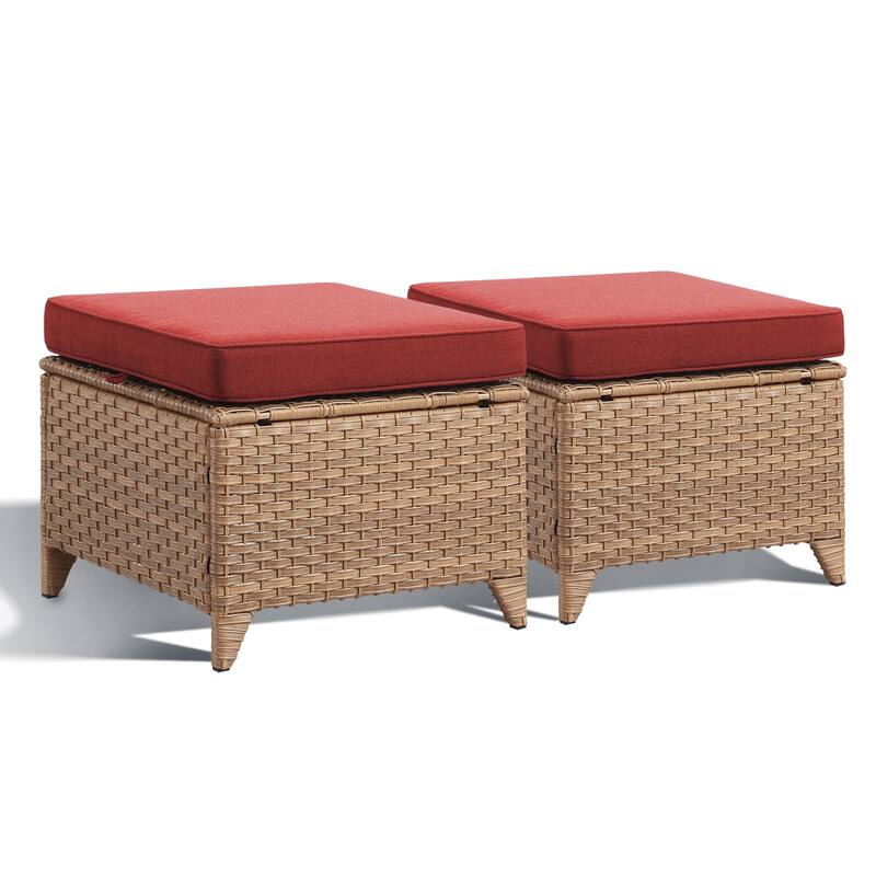 Gymojoy Outdoor Durable Wicker Ottomans with Olefin Cushions - 2-Piece - Yellow Wicker / Red Cusion