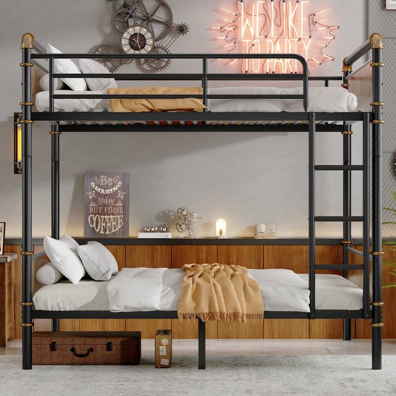 Industrial Detachable Twin XL Metal Bunk Bed with Safety Guard Rails, Black