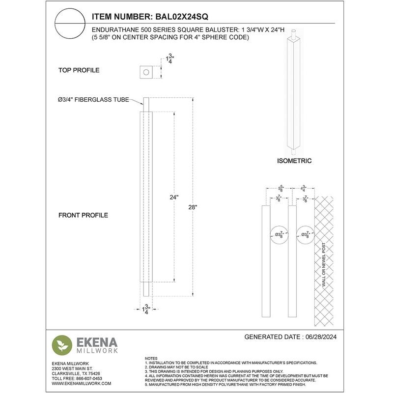 Endurathane 500 Series Square Baluster, Factory Primed Polyurethane