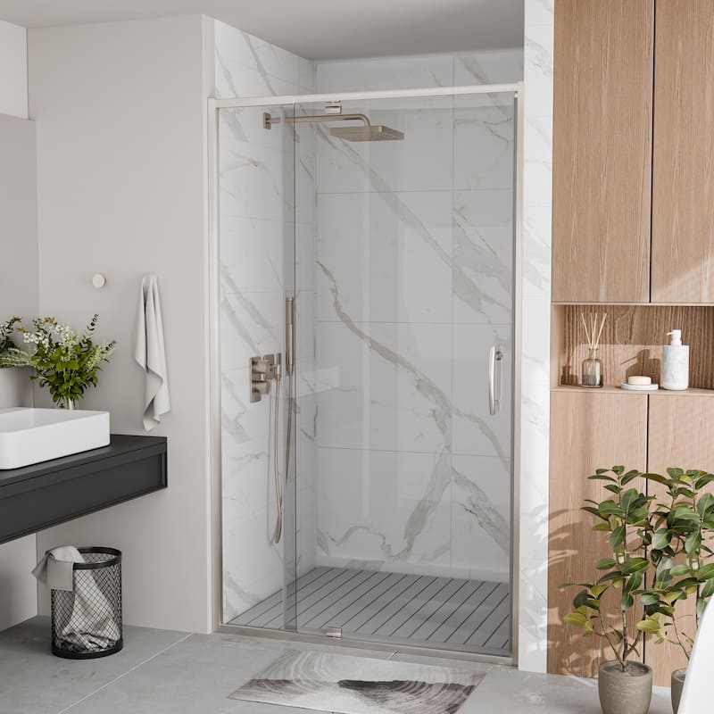 Modland 38-42"x71'' Adjustable Pivot Shower Door - Auto-Lift Hinge, Magnetic Seal, 5 Finishes for Uneven Walls - 42''x 71'' - Brushed Nickel