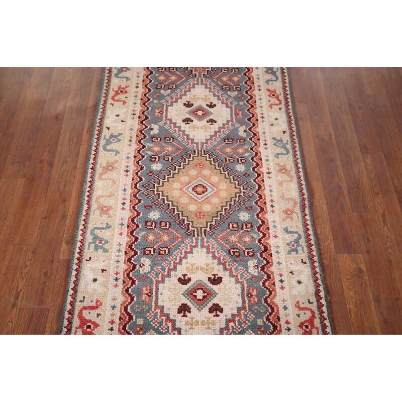 Gray Geometric Kazak Indian Runner Rug Hand-Knotted Wool Carpet - 2'6"x 8'2"