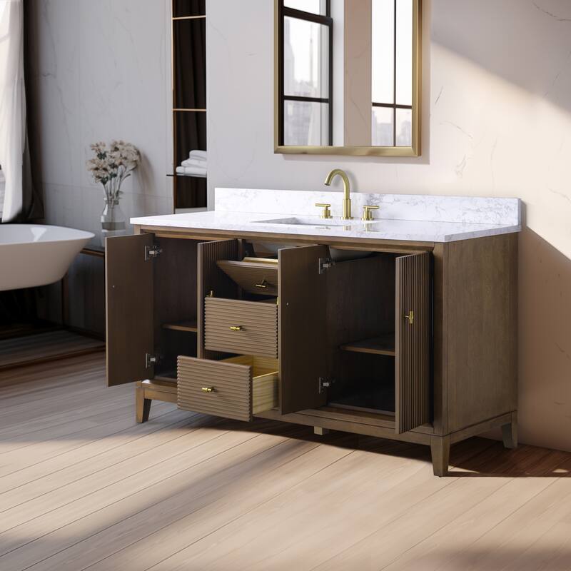 Vanity Art 60" Freestanding Bathroom Vanity with Engineered Marble Top and Sink