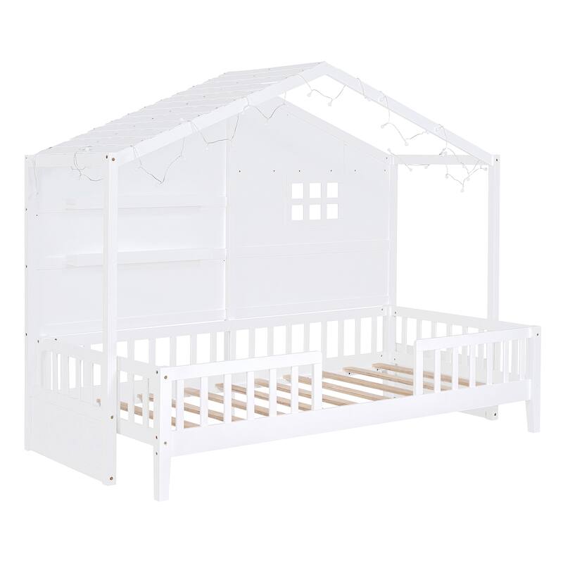 White Twin Size House Bed with Shelves, Window and Sparkling Light Strip on The Roof