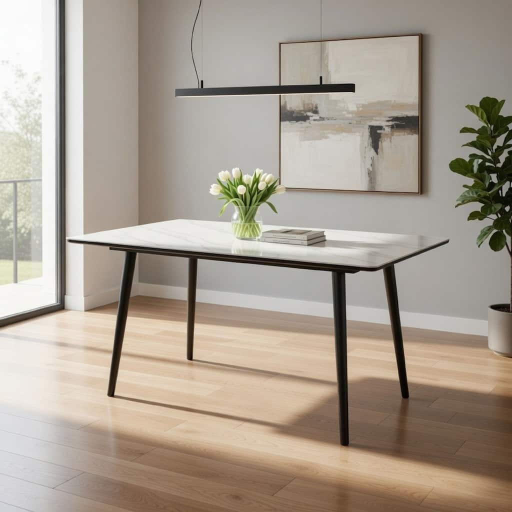 Aikya 60 Inch Dining Table, White Sintered Stone, Tapered Metal Legs