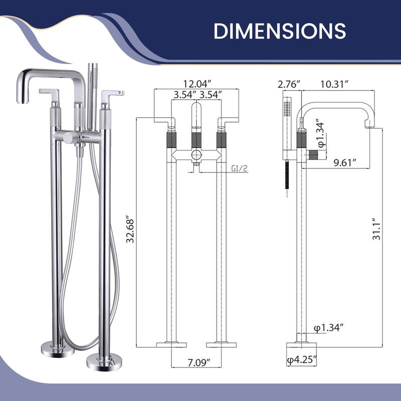 33" H Solid Brass Floor Mounted Freestanding Tub Faucet with Hand Shower and Diverter