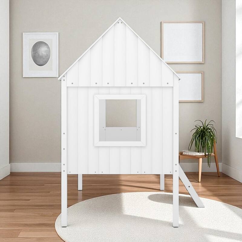 Twin Size House Bed with Roof and Side Windows, Low Loft Wooden Frame for Kids, No Box Spring Needed