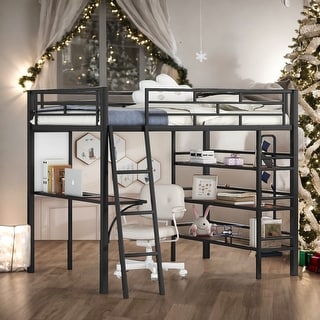 Modern Full Size Loft Bed with 3 Layers of Shelves and Desk with Whiteboard and Metal Frame for Bedroom