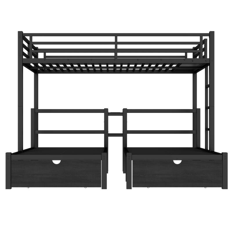 Roomfitters Full XL over Twin & Twin Metal Triple Bunk Bed with Drawers, Headboard Shelves & USB Ports, Black