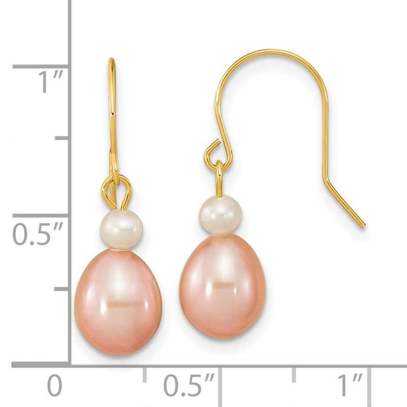 Curata 14k Yellow Gold 7-8mm White Pink Round Rice Freshwater Cultured Pearl Dangle Earrings 27x7.2mm