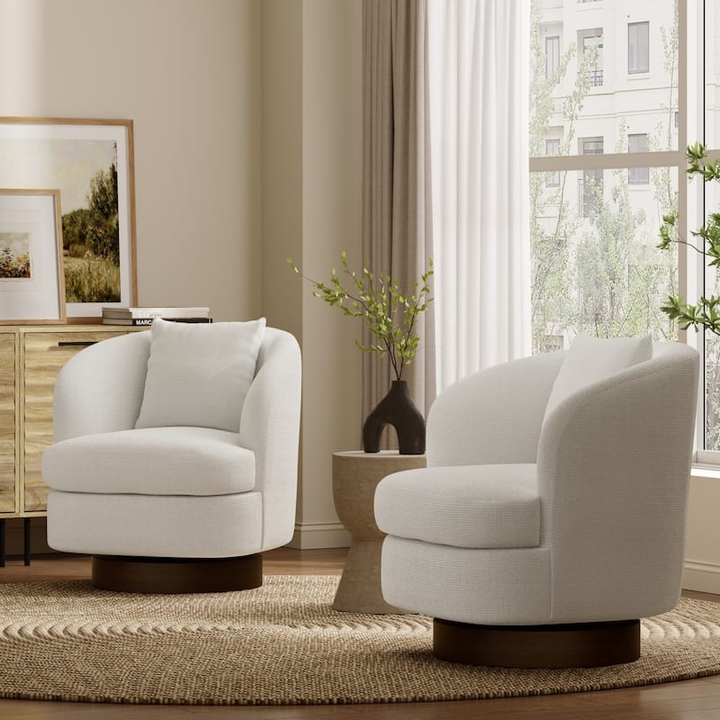 Upholstered White Woven Texture Club Swivel Chair with Dark Brown Base and Pillow