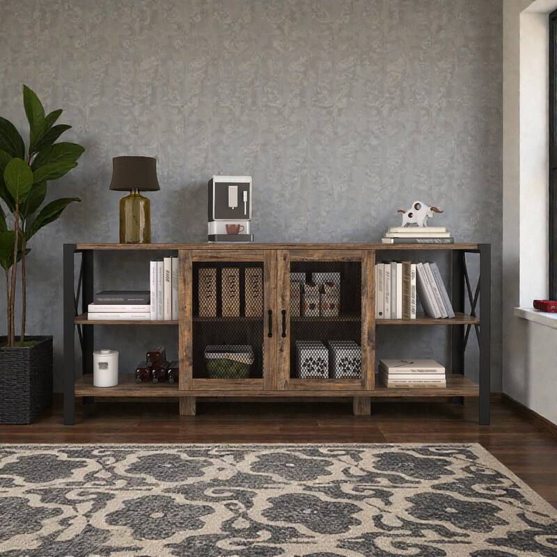 Industrial TV Stand for Living Room, Modern Farmhouse Wood & Metal Entertainment Center with Open Bookshelf