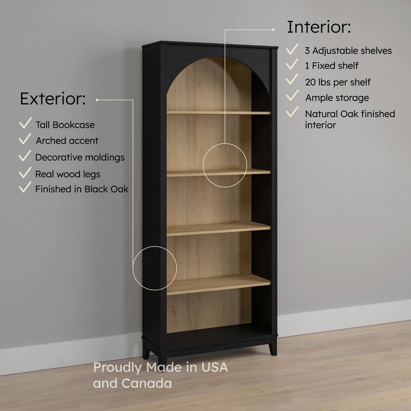 Prepac Ark 78" H 5-Tier Arched Bookcase, Modern Storage Accent Bookshelf with 3 Adjustable Shelves for Home Office, Living Room