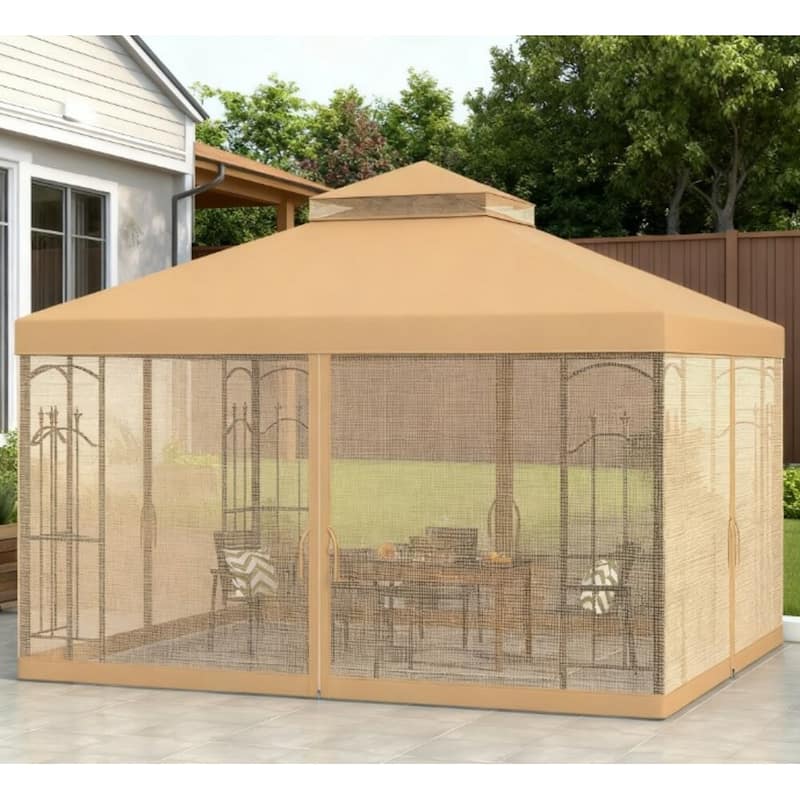 GDFStudio - Theodore Decorative Outdoor Double Roof Patio Gazebo with Integrated Shelving and Mesh Enclosure