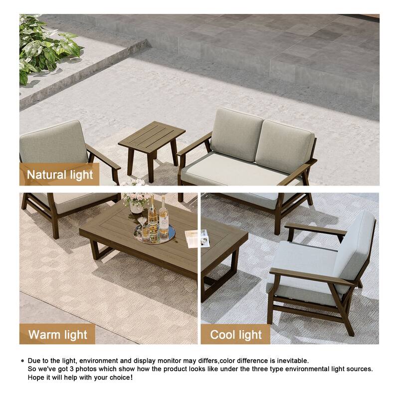 Modern Wood Cushioned Outdoor Patio Sofa Loveseat with Coffee Table