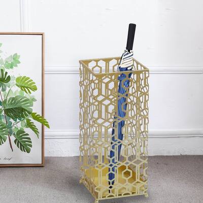 ADECO Metal Umbrella Stand Gold Square Rack Cane Walk Stick Drip Tray