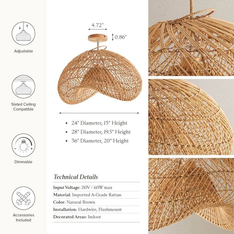 Sepherina Rattan Flush Mount - Rattan Natural 1-Light Handwoven Ceiling Light for Bedroom or Hallway in Modern, Farmhouse Style