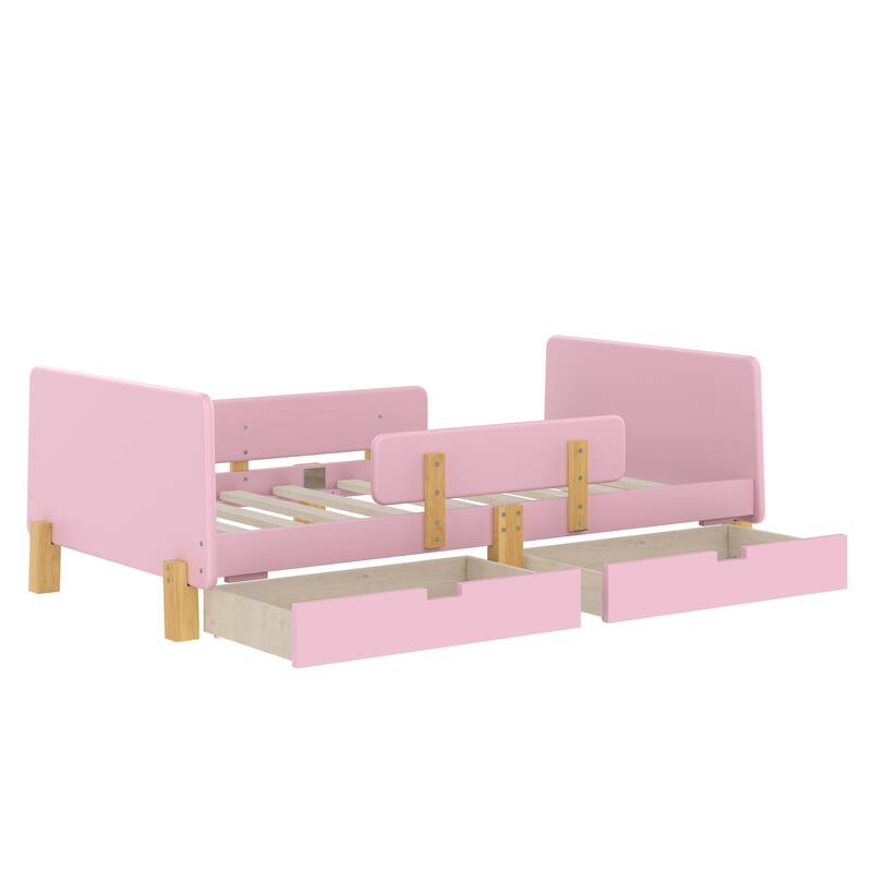 Full/Twin Platform Bed with Storage Drawers, Guardrail & Hooks